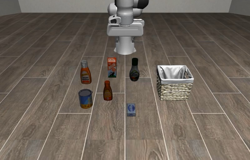A robot placing ketchup in a basket in LIBERO-PRO